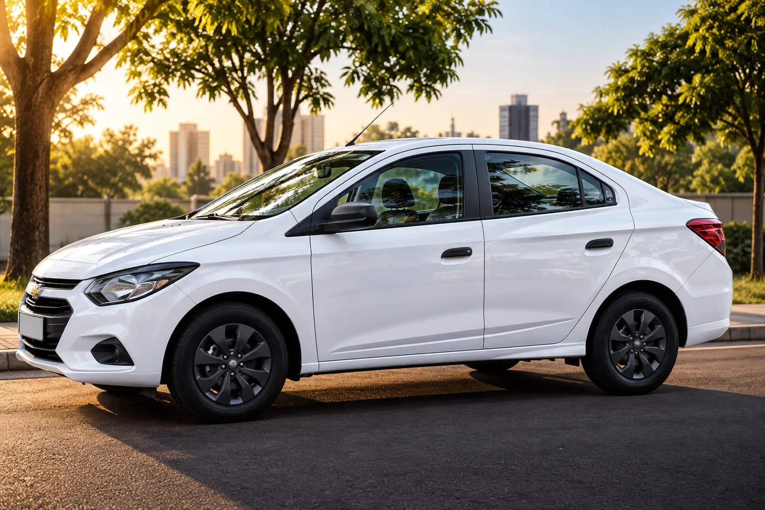 Carro sedã branco estacionado em uma rua urbana. Imagem ilustrativa, sem vínculo com a frota.